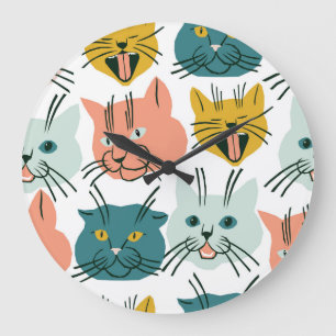 Grande Horloge Ronde Les chats font face à un Motif Vintage amusant.