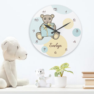 Grande Horloge Ronde Les Enfants de Pastel Blue et Yellow