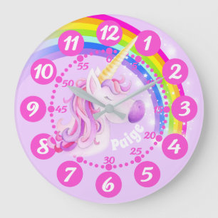 Grande Horloge Ronde Les enfants roses pourpres d'art de licorne et