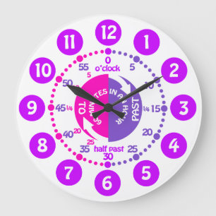 Grande Horloge Ronde Les filles apprennent à dire l'heure rose violet e