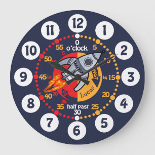 Grande Horloge Ronde Les gosses apprennent à tell time space rocket clo
