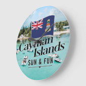 Grande Horloge Ronde "Les Îles Caïmans Soleil & Amusement" Avec Drapeau (Angle)