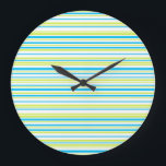 Grande Horloge Ronde Les Patterns de Stripes<br><div class="desc">Cute and fresh design in vibrant colors. Blue and neon green stripes. 🔹 You can customize it - edit background color, resize/rotate image, add text and more :) 🔹 Send me 🔹 a photo of your purchase or just share it and me me me @edrawings38art (on FB/IG/Twitter) Thank you! 💜...</div>