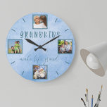 Grande Horloge Ronde Les petits-enfants font la vie Grand 4 Photo Blue<br><div class="desc">Créez votre propre horloge murale unique et ronde avec 4 de vos photos préférées. L'modèle photo est prêt à vous permettre d'ajouter vos photos des petits-enfants, grands-parents ou familles ; dans le sens des aiguilles d'une montre depuis le sommet. Les photos sont présentées en format carré autour de la formulation...</div>