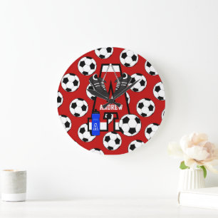 Grande Horloge Ronde Lettre A Monogramme de soccer personnalisée