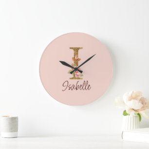 Grande Horloge Ronde Lettre de nom personnalisée I Roses roses blush en