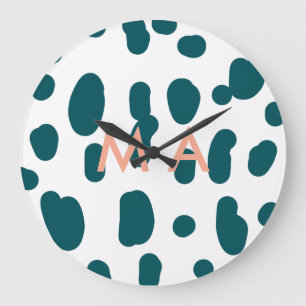 Grande Horloge Ronde lettre homme monogramme pastel orange à pois bleus