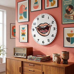 Grande Horloge Ronde Lèvres Bouche Ouverte Dents Langue