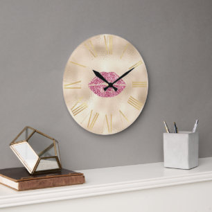 Grande Horloge Ronde Lèvres scintillantes rose glamour sur Champagne do