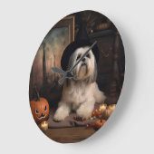 Grande Horloge Ronde Lhasa Apso Citrouille Halloween effrayant (Angle)