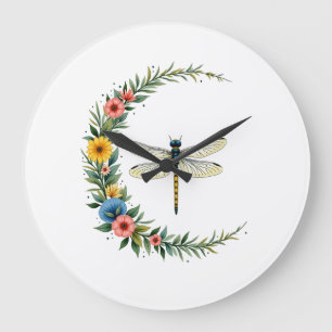Grande Horloge Ronde Libellule Bohème Croissant Lune Signe de Paix Hipp
