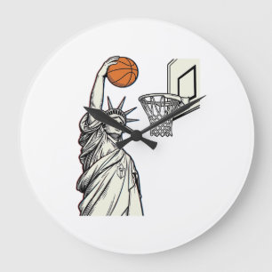 Grande Horloge Ronde Liberté Basketball Dunk Dessin de gravure vintage_