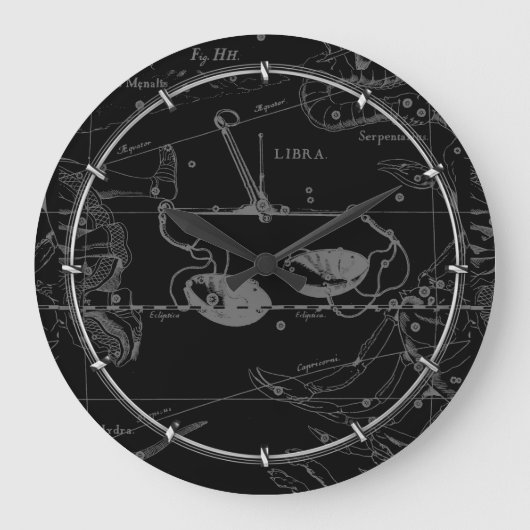 Grande Horloge Ronde Libra Constellation Hevelius 1690 Carte sur Noir (Recto)