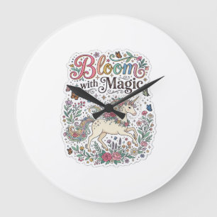Grande Horloge Ronde Licorne Bloom avec typographie vectorielle premium