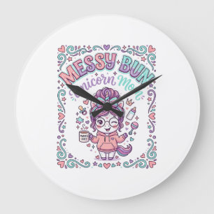 Grande Horloge Ronde Licorne Chignon Messy Maman Licorne Graphique Rétr