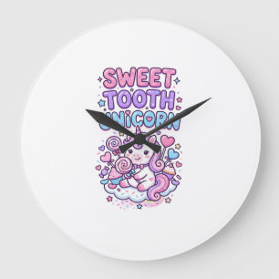 Grande Horloge Ronde Licorne Douce Dent Licorne Mignonne Pastel Mignon