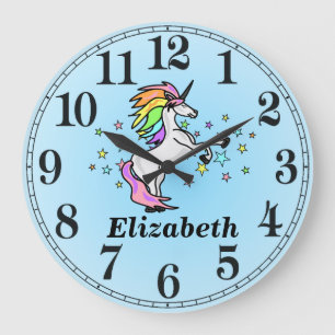Grande Horloge Ronde Licorne et nom bleus d'arc-en-ciel