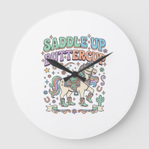 Grande Horloge Ronde Licorne Sellez Buttercup Kawaii Typographie Desi