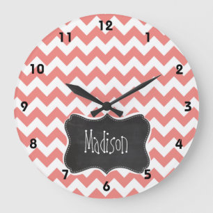 Grande Horloge Ronde Light Coral Chevron Stripes; chalkboard