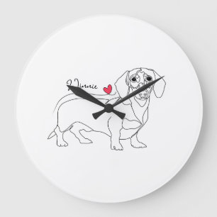 Grande Horloge Ronde Ligne artistique de chien Dachshund et cœur avec n
