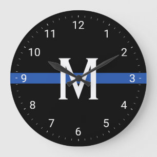 Grande Horloge Ronde Ligne bleue mince de la police Monogramme initiale