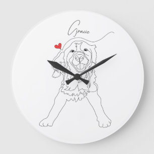 Grande Horloge Ronde Lignée d'art de ligne de retriever doré avec nom