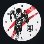Grande Horloge Ronde Ligue de Justice | Flash Running Noir Pop Art<br><div class="desc">Découvrez ce dessin stylisé noir et blanc de The Flash de la Ligue de la Justice alors qu'il court à la vitesse supérieure. Ce graphique inspiré du pop art est accentué par des tirets rouges derrière le Flash.</div>