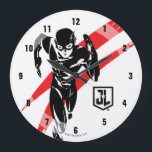 Grande Horloge Ronde Ligue de Justice | Flash Running Noir Pop Art<br><div class="desc">Découvrez ce dessin stylisé noir et blanc de The Flash de la Ligue de la Justice alors qu'il court à la vitesse supérieure. Ce graphique inspiré du pop art est accentué par des tirets rouges derrière le Flash.</div>