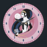 Grande Horloge Ronde Ligue de Justice | Wonder Woman Profil Pop Art<br><div class="desc">Découvrez Wonder Woman de Justice League, peint ici dans un style noir classique à contraste élevé avec des points de demi-teintes éparpillés un peu partout. Wonder Woman se tourne vers le côté, tenant son Lasso de Vérité, sortant d'un grand disque rose avec le logo de la Ligue de la Justice...</div>
