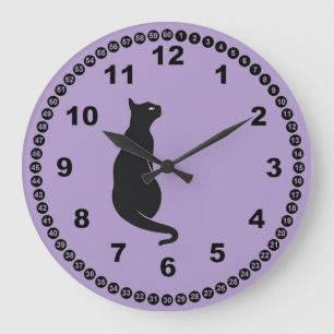 Grande Horloge Ronde Lilac avec chat noir et visage de Madern