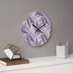 Grande Horloge Ronde Lilas Fleurs de lilas Vert sauge Lavande poudrée