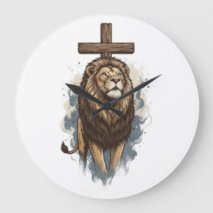 Grande Horloge Ronde Lion chrétien et croix vintage