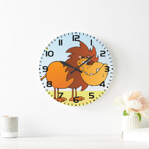 Grande Horloge Ronde Lion de dessin animé drôle sous le soleil Animal d