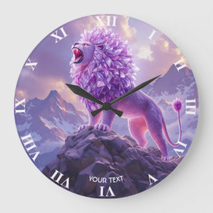 Grande Horloge Ronde Lion Fantastique Mignon Améthyste Violet