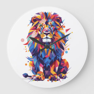 Grande Horloge Ronde Lion géométrique coloré