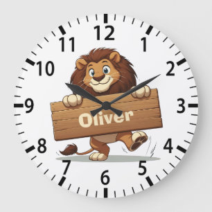 Grande Horloge Ronde Lion joueur avec plaque de nom en bois