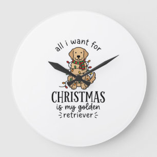 Grande Horloge Ronde Liste de souhaits de retriever doré de Noël Design
