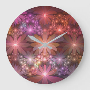 Grande Horloge Ronde Lit De Fleurs Coloré Brillant Art Fractal Abstrait