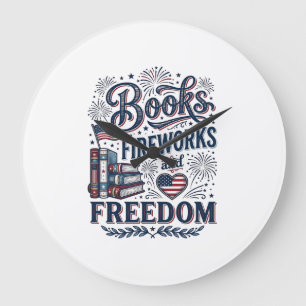Grande Horloge Ronde Livres Feux d'artifice et Liberté Lecteur Patrioti