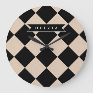 Grande Horloge Ronde Losange à carreaux noir personnalisé de Harlequin