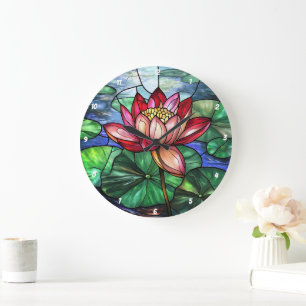 Grande Horloge Ronde Lotus Floral Pond Vitrage