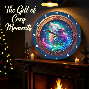 Grande Horloge Ronde Loup Arc-en-Ciel Hurlement Céleste