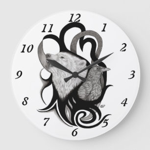 Grande Horloge Ronde Loup blanc avec art tribal coréen