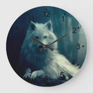Grande Horloge Ronde Loup blanc dans la forêt nocturne