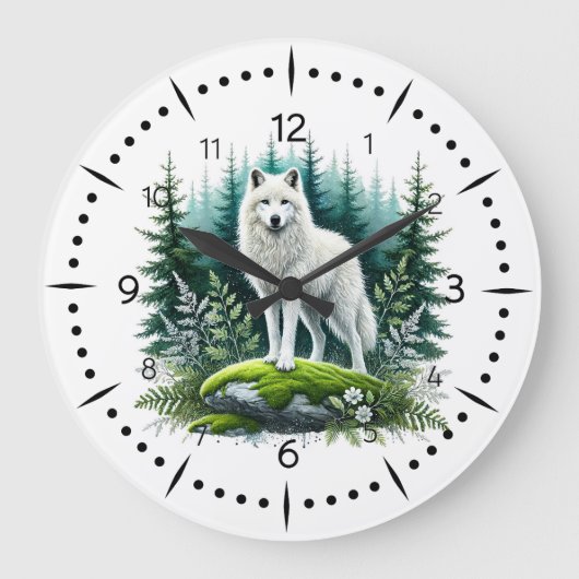 Grande Horloge Ronde Loup blanc majestueux en forêt (Recto)