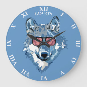 Grande Horloge Ronde Loup bleu psychédélique avec le cool rose de