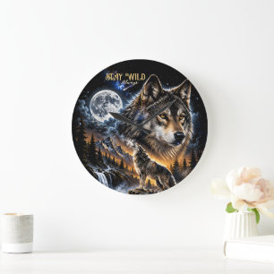 Grande Horloge Ronde Loup hurlant à la lune Forêt Faune Nature
