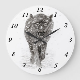Grande Horloge Ronde Loup noir en colère dans la neige, hiver sauvage