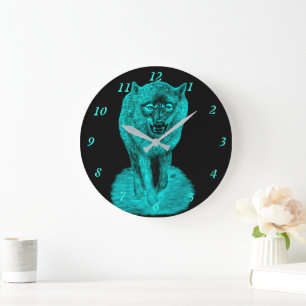 Grande Horloge Ronde Loup noir en colère dans la nuit