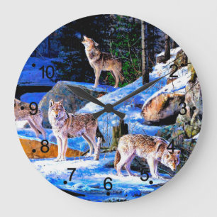 Grande Horloge Ronde Loups en peinture de neige